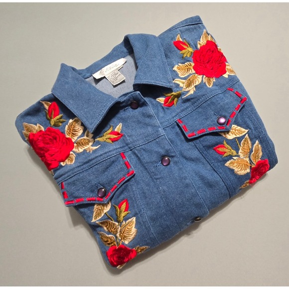 Diane's Essentials Jackets & Blazers - Dianes Essentials Rose Embroidered Denim Jacket Medium Blue Floral Snap Cotton